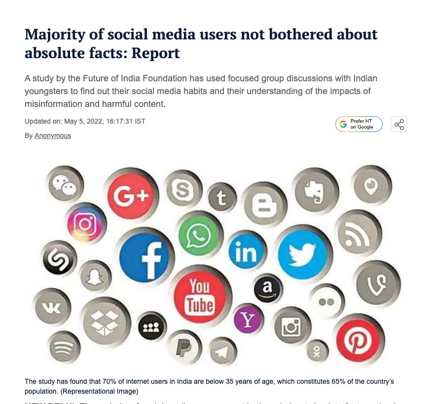 Hindustan Times: Majority of social media users not bothered about absolute facts: Report