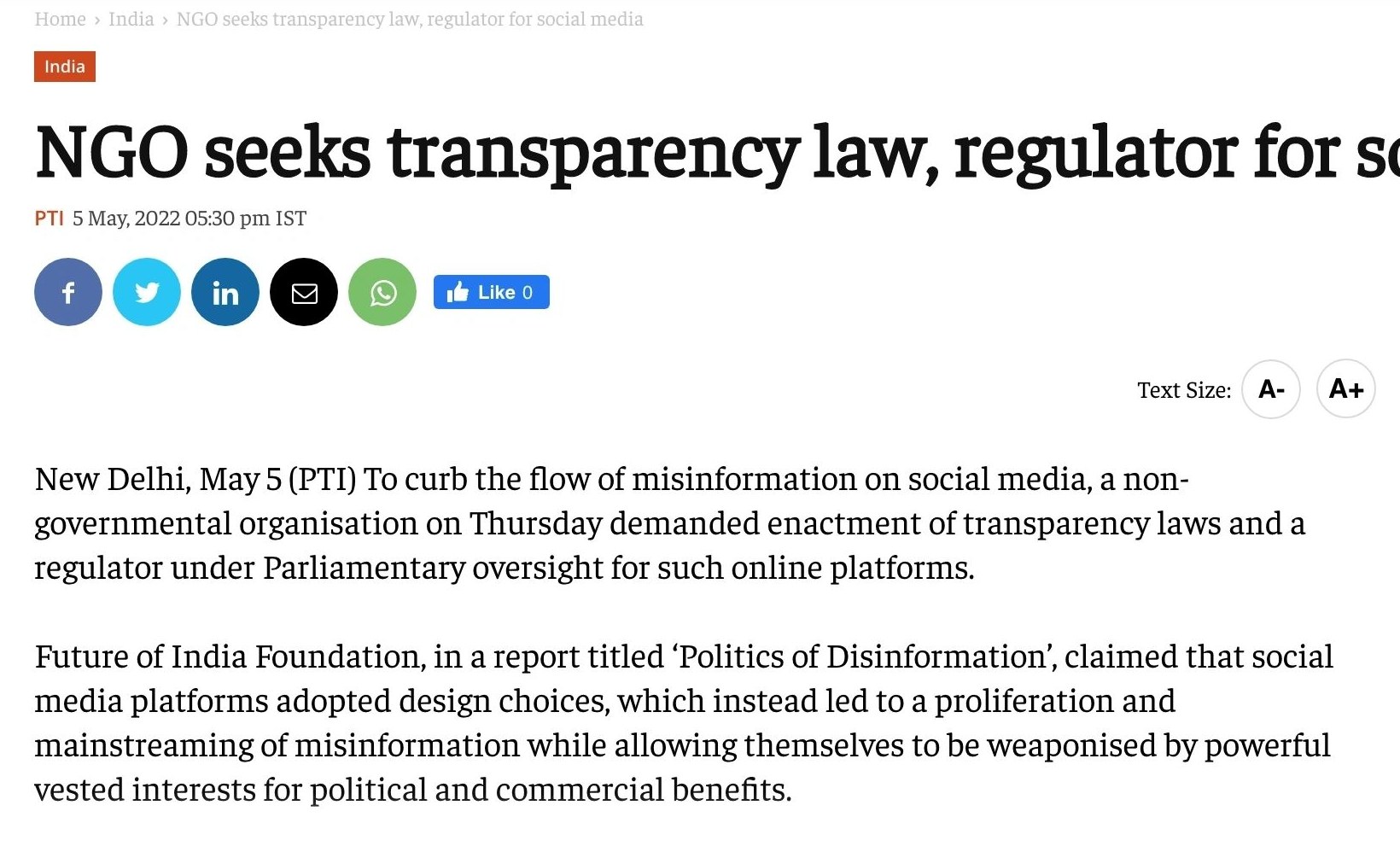 ThePrint: NGO seeks transparency law, regulator for social media