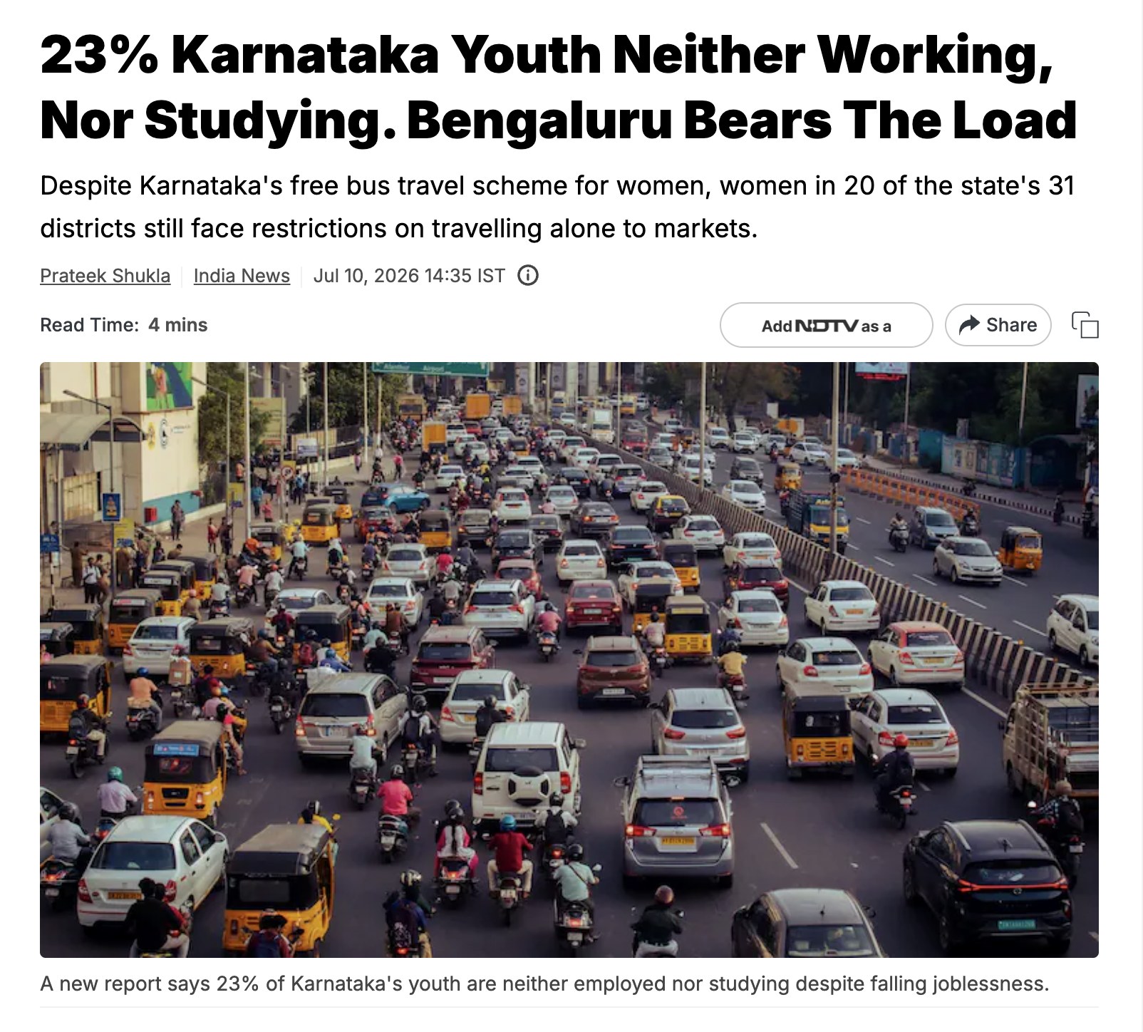 NDTV: 23% Karnataka Youth Neither Working, Nor Studying. Bengaluru Bears The Load